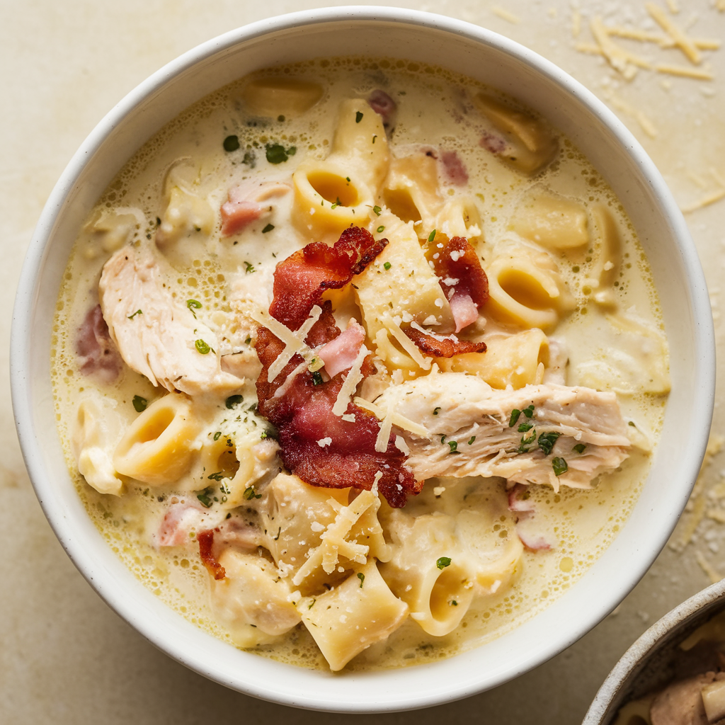 Indulge in Creamy Chicken Alfredo Soup: Bacon & Parmesan Bliss!